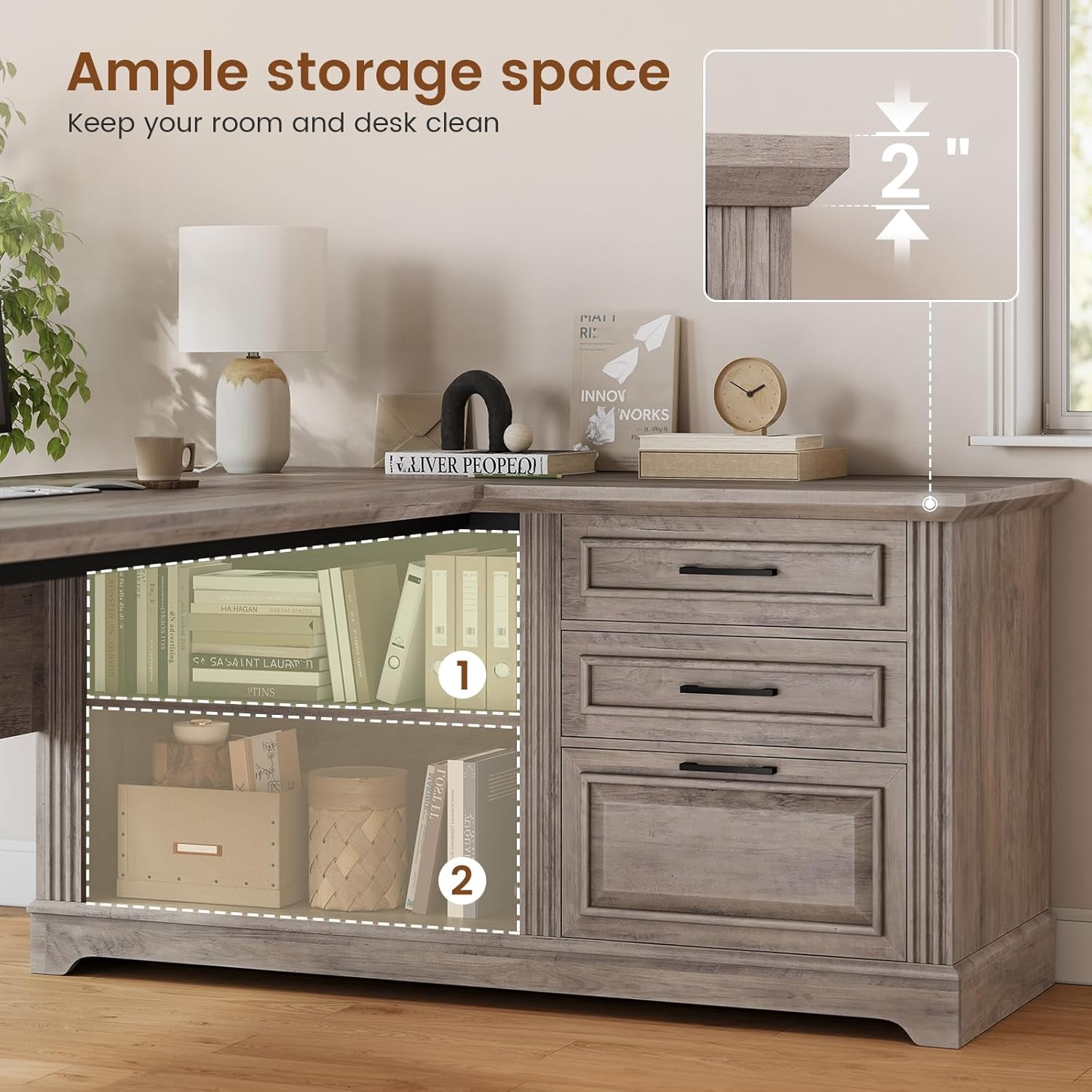 SEDETA Executive Desk, 61" Farmhouse L Shaped Desk with File Drawers, Office Desk with Drawers and Power Outlets, Computer Desk with Storage Shelves for Home Office, Grey