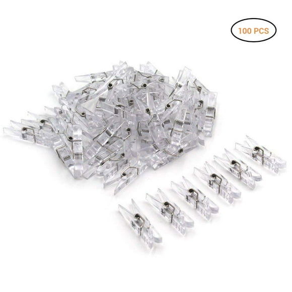 100 mini clips de plástico transparente para papel, pinzas para ropa, pinzas para tendedero