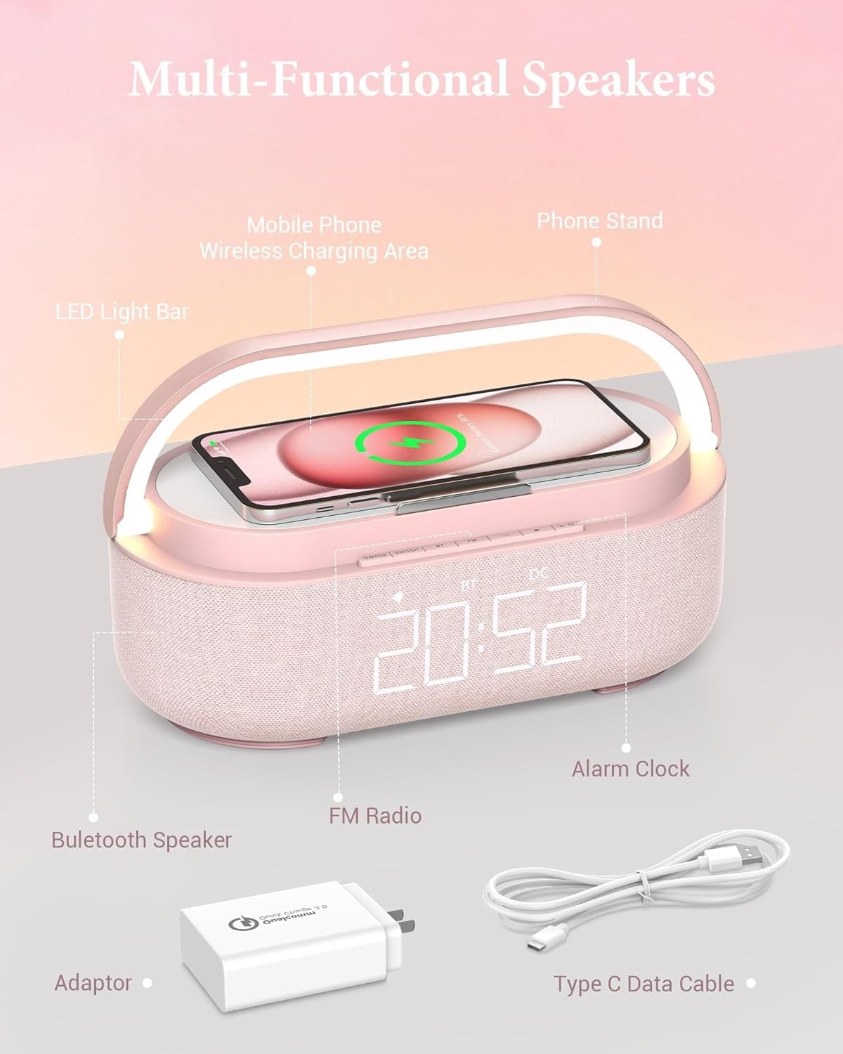 FreeFish Bluetooth Speaker Alarm Clock with Wireless Charger, LED Night Light, 2500mAh Battery - For Bedroom, Home Pink