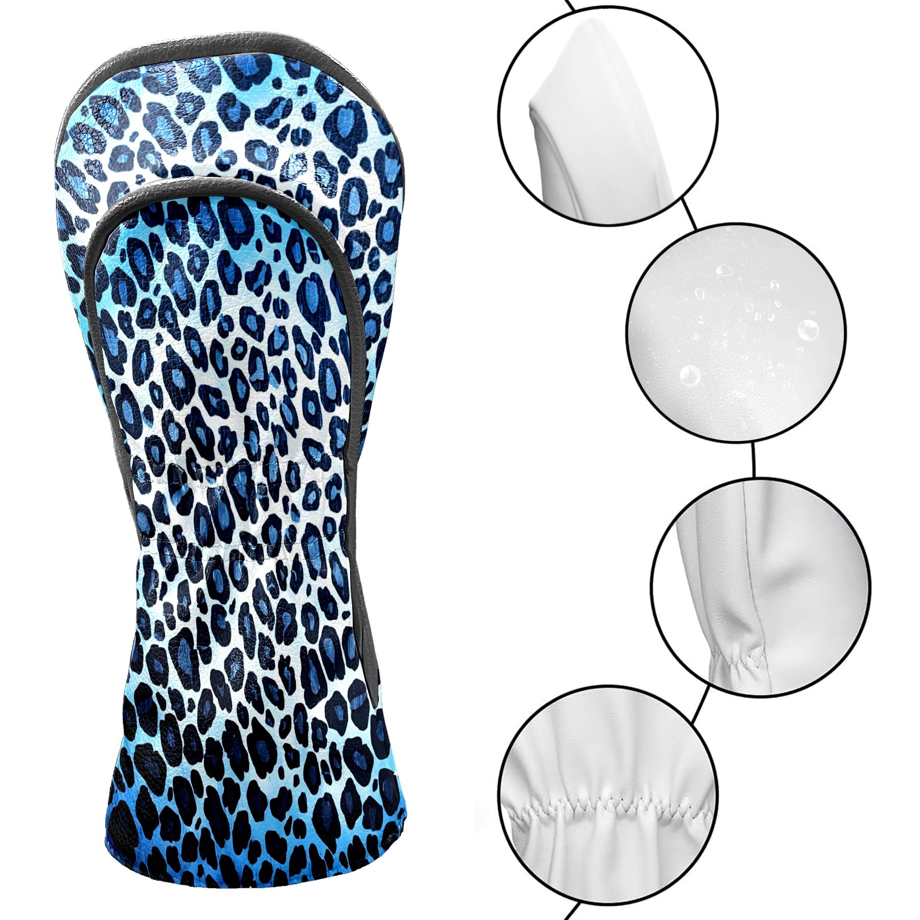 Golf Club Covers, Blue Leopard Print Premium PU Leather Driver Hybrid Putter Head Covers with Velvet Lining, Waterproof Golf Gifts for Men Women