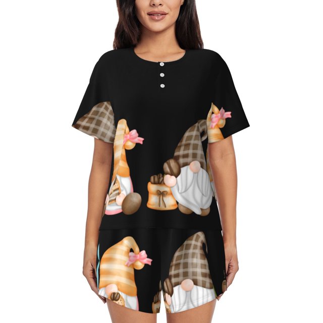 Balery Coffee Gnome (2) Conjunto de Pijama para Mujer con Estampado, Dos Piezas de Manga Corta y Shorts, Ropa de Dormir Suave con Cuello Redondo y Bolsillos-Medium