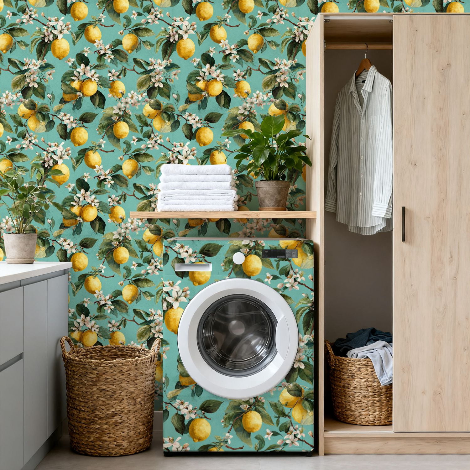 Peel and Stick Wallpaper Seamless Lemon Fruits Floral 24in x 118in Contact Paper Removable Self Adhesive Wall Mural Wall Decor for Bedroom Kitchen Cabinets