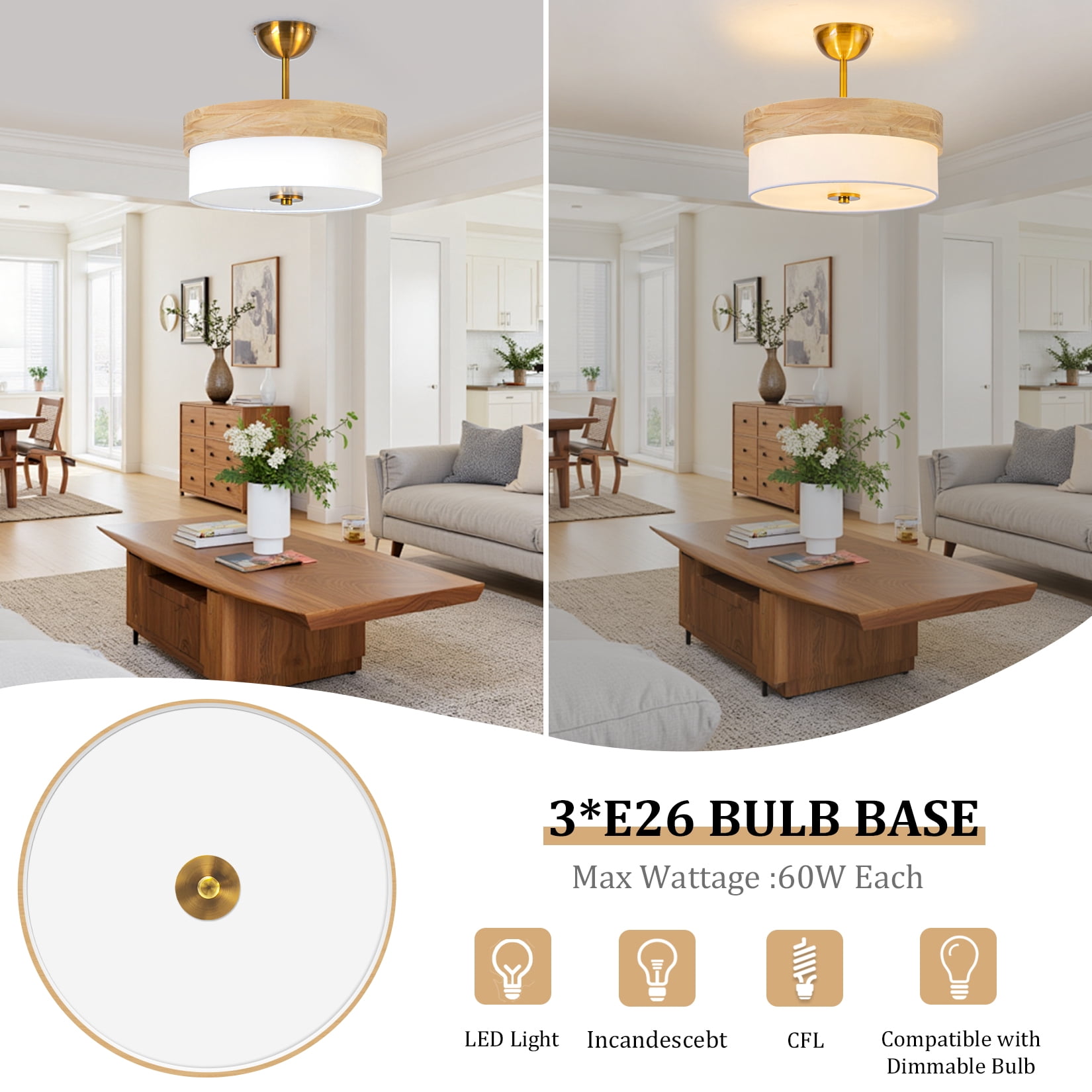 BESTOMINE Semi Flush Mount Ceiling Light Fixture,13 Inch Gold Light Fixtures Ceiling Mount, Natural Wood Frame with White Fabric Shade, Modern Flush Mount Light Fixture for Bedroom, Hallway