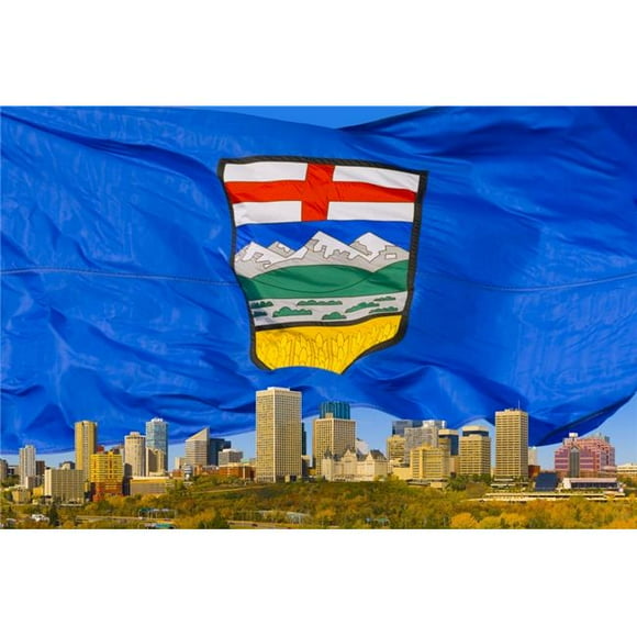 Albertas Flag Behind Edmonton Skyline Poster Print by Corey Hochachka, 17 x 11