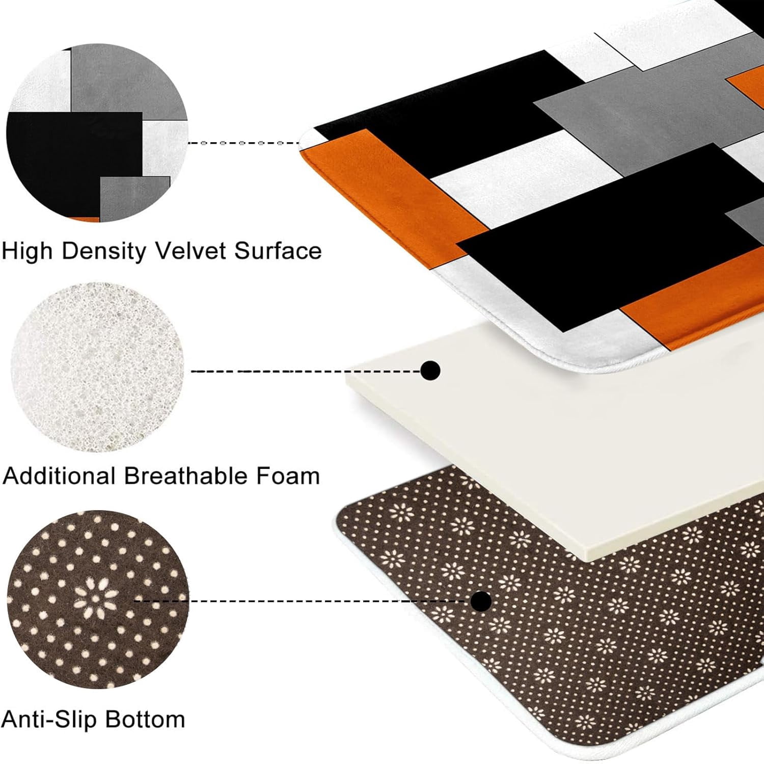 Orange Geometric Shower Curtain Set with Toilet Lid Cover and Non-Slip Rugs for Bathroom, Black White Grey Checkered 4 Pcs Shower Curtain, Modern Abstract Bathroom Set with 12 Hooks