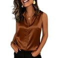 thumbnail image 3 of Womens Silk Satin Sleeveless Button Down Shirts Blouses Solid Casual Loose V Neck Classic Tank Tops for Work Office (XXL,Light Brown), 3 of 6