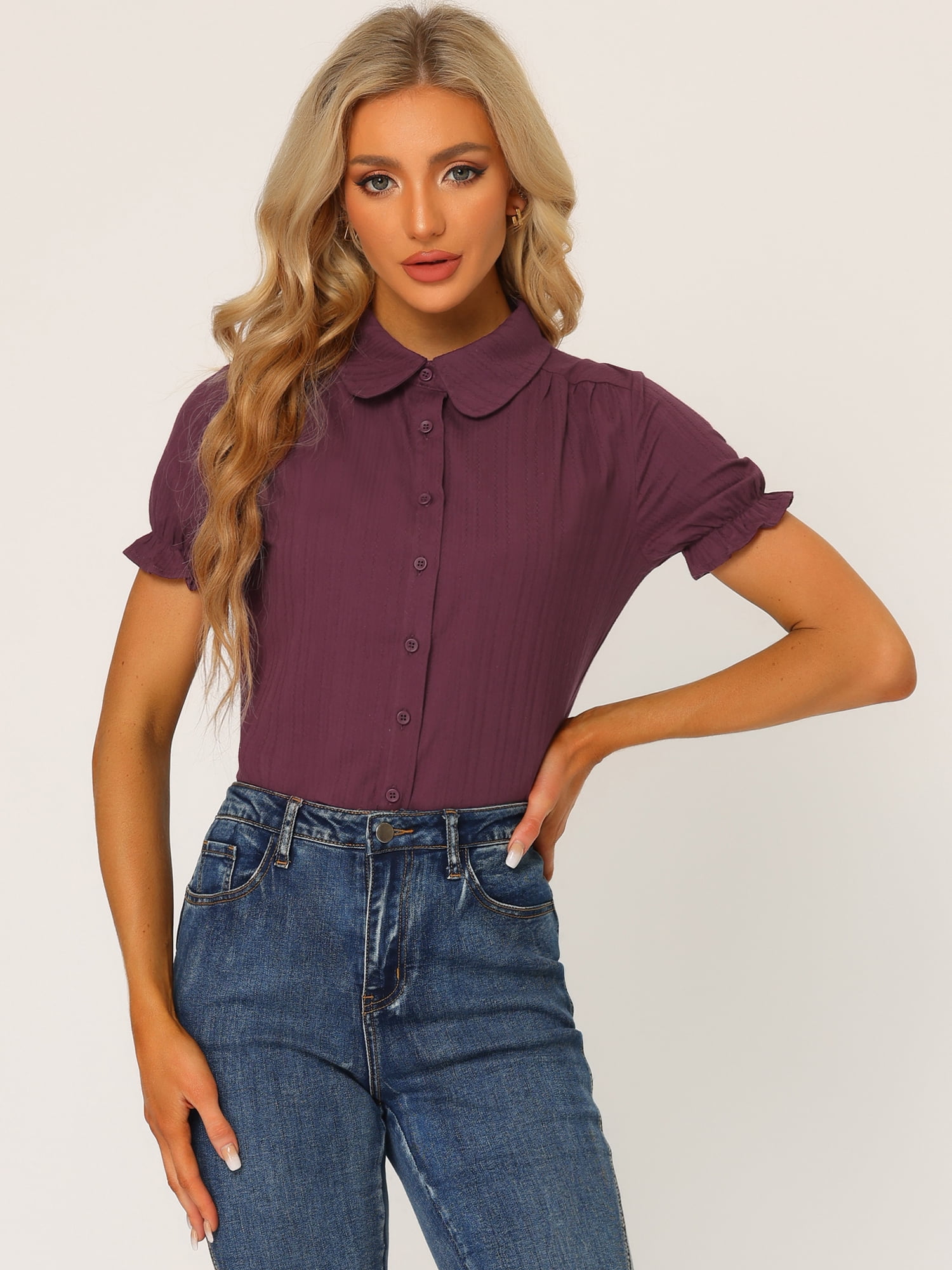 DARING DIVA Women's Cotton Frilled Peter Pan Collar Blouse XL Purple