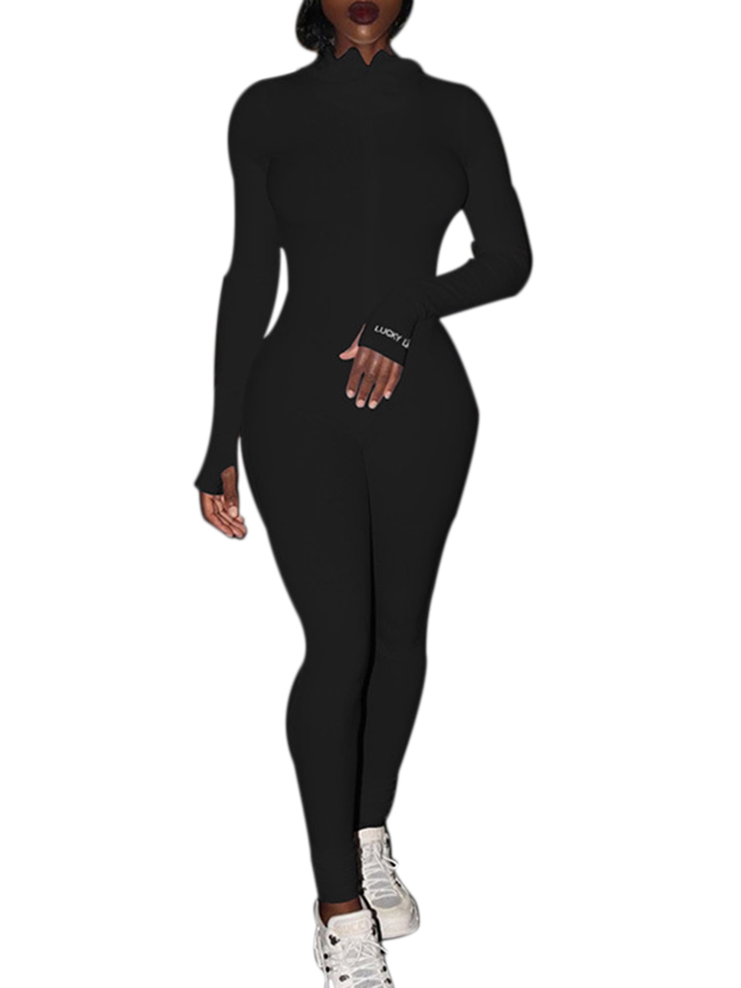 Women Long Sleeve Bodycon Jumpsuit Bodysuit Zipper Slim Suit Riding Trousers