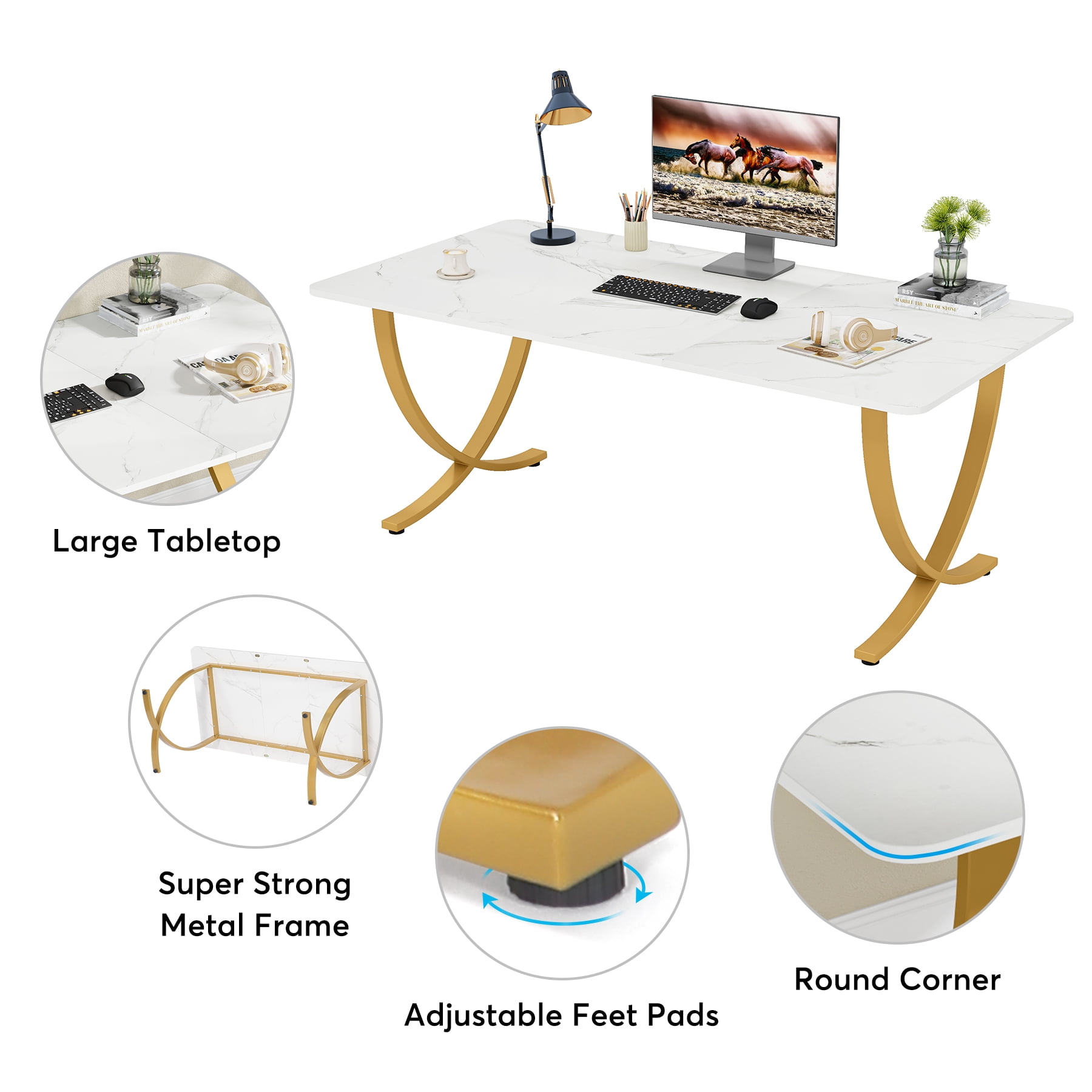 Finmind 63" Executive Desk, Large Office Desk with White & Gold Finish, Modern Computer Desk for Home Office, Conference Room
