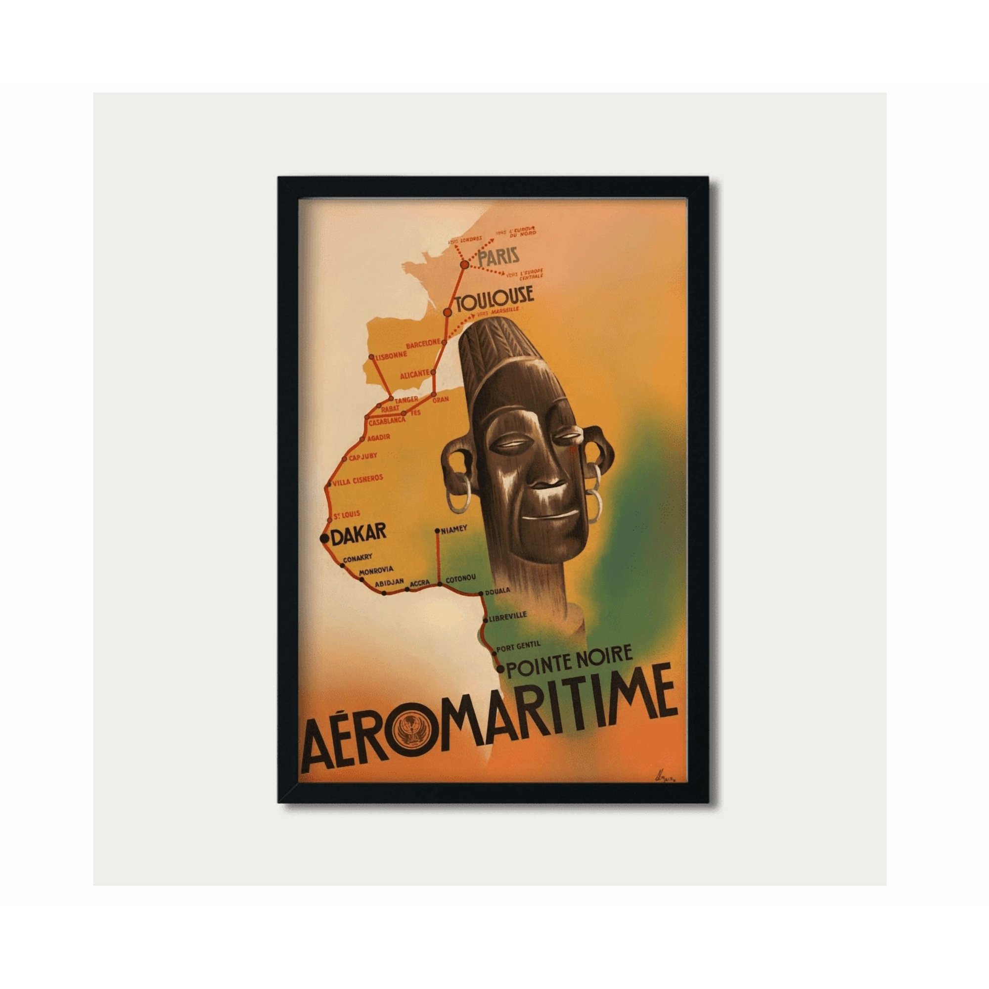 Vintage Aeromaritime West Africa Travel Poster African Mask Art Home Decor Office Wall Art
