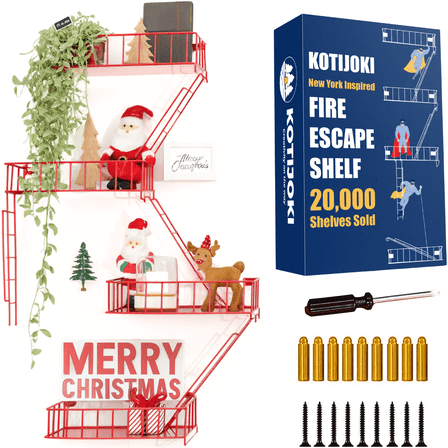 4 Tier Fire Escape Wall Shelf – New York Decorative Floating Shelf – Wall Art Ladder Shelf – Red Metal Trinket Shelves for Bedroom, Home, Office, Storage and Display