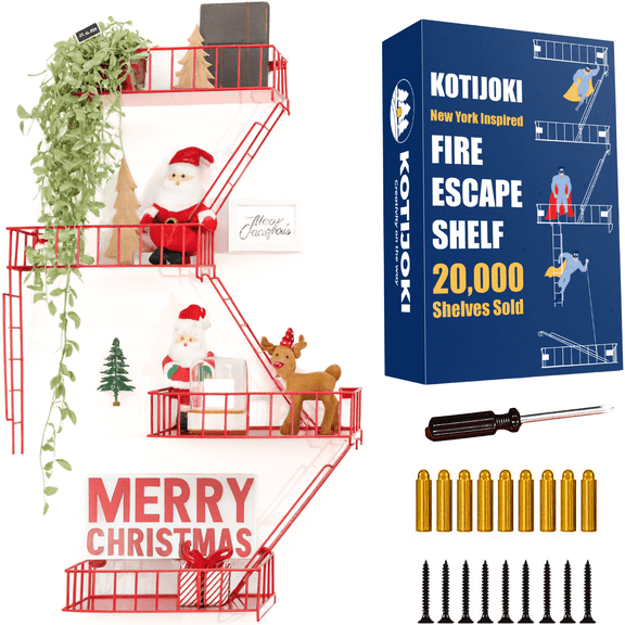 4 Tier Fire Escape Wall Shelf – New York Decorative Floating Shelf – Wall Art Ladder Shelf – Red Metal Trinket Shelves for Bedroom, Home, Office, Storage and Display