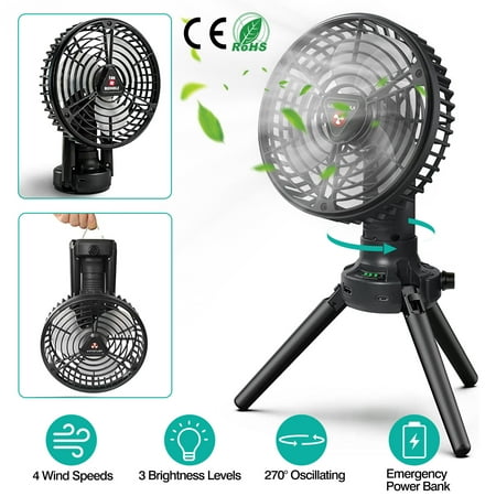Moclever Camping Fan with LED Light 270° Oscillating Rechargeable Tent Fan with Emergency Power Bank for Camping Hiking Black