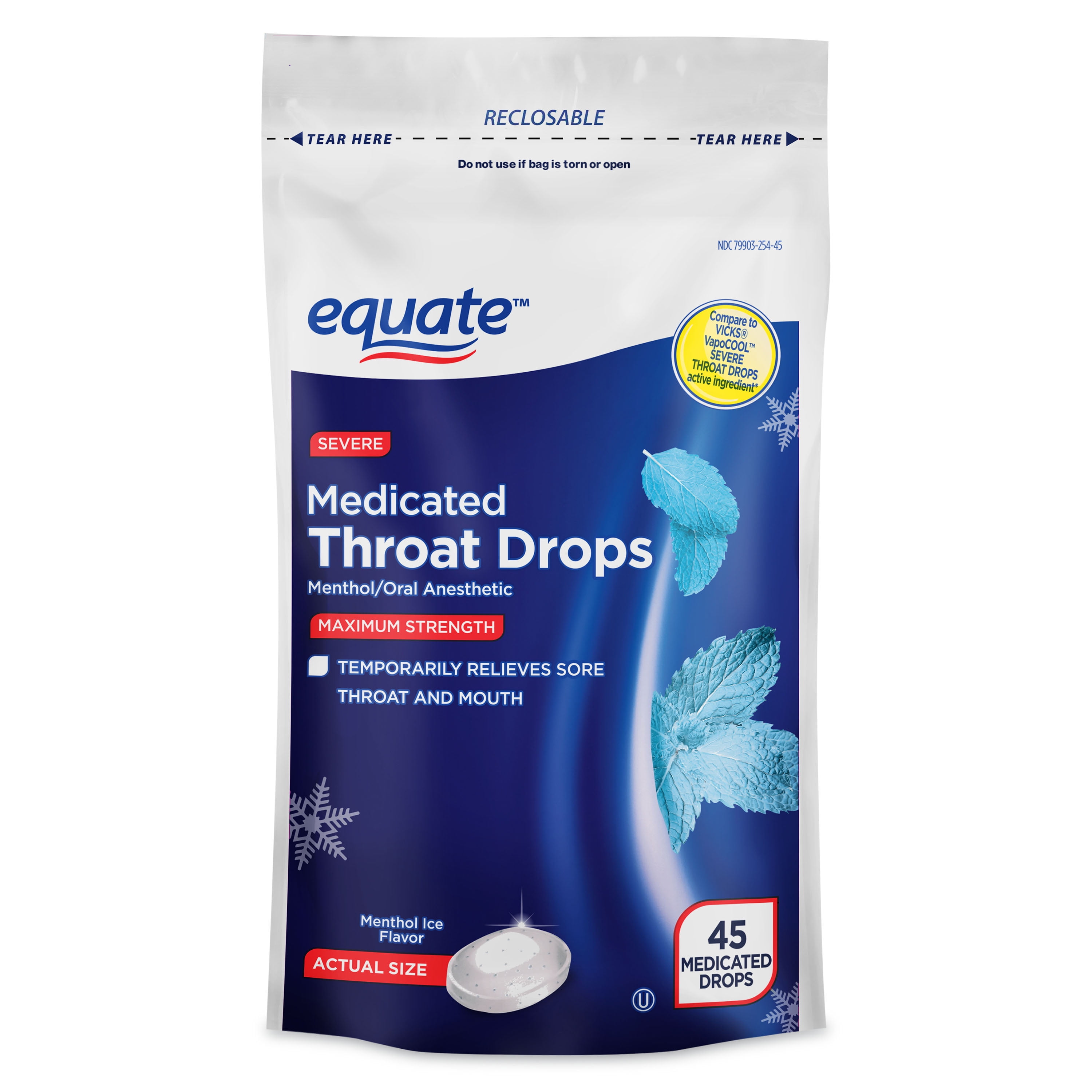 (9 pack) Equate Severe Medicated Menthol Throat Drops, Menthol Ice Flavor, 45 Count, Compare to VICKS® VapoCOOL™ SEVERE THROAT DROPS Active Ingredient
