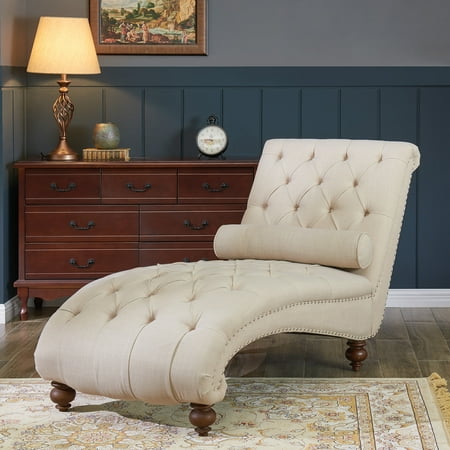 3 Seater Lounge With Chaise Belleze Teofila Tufted Chaise Lounge Chair Leisure Sofa Couch With Bolster Pillow Nailhead Trim and Turned Legs, Beige ()
