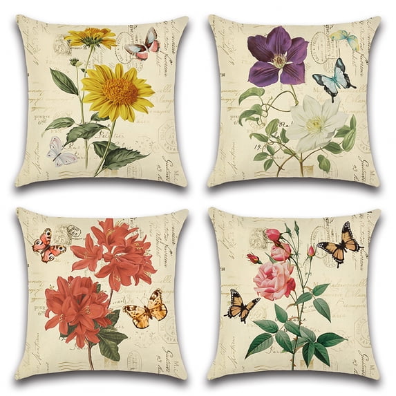 OTOSTAR Set of 4 Waterproof Throw Pillow Covers 18x18 Inches, Vintage Flower with Butterfly Decorative Cushion Covers for Home Outdoor Patio Garden Living Room Sofa Farmhouse Decor