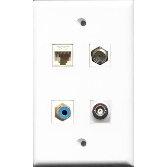 RiteAV 1 Port RCA Blue and 1 Port Coax Cable TV- F-Type and 1 Port BNC and 1 Port Cat6 Ethernet White Wall Plate