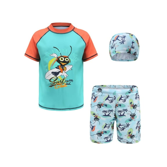 YIZYIF Kids Boys 3Pcs Swimsuit Short Sleeve Camouflage Print Tops with Shorts and Hat Set for Tropical Vacation Swimming