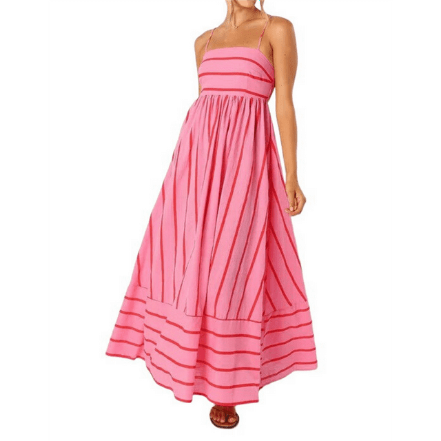 Robe Maxi à Rayures pour Femmes, Dos Smocké, Bretelles Spaghetti, Découpée, Fluide, Longue, Rouge Melon D\'eau TG