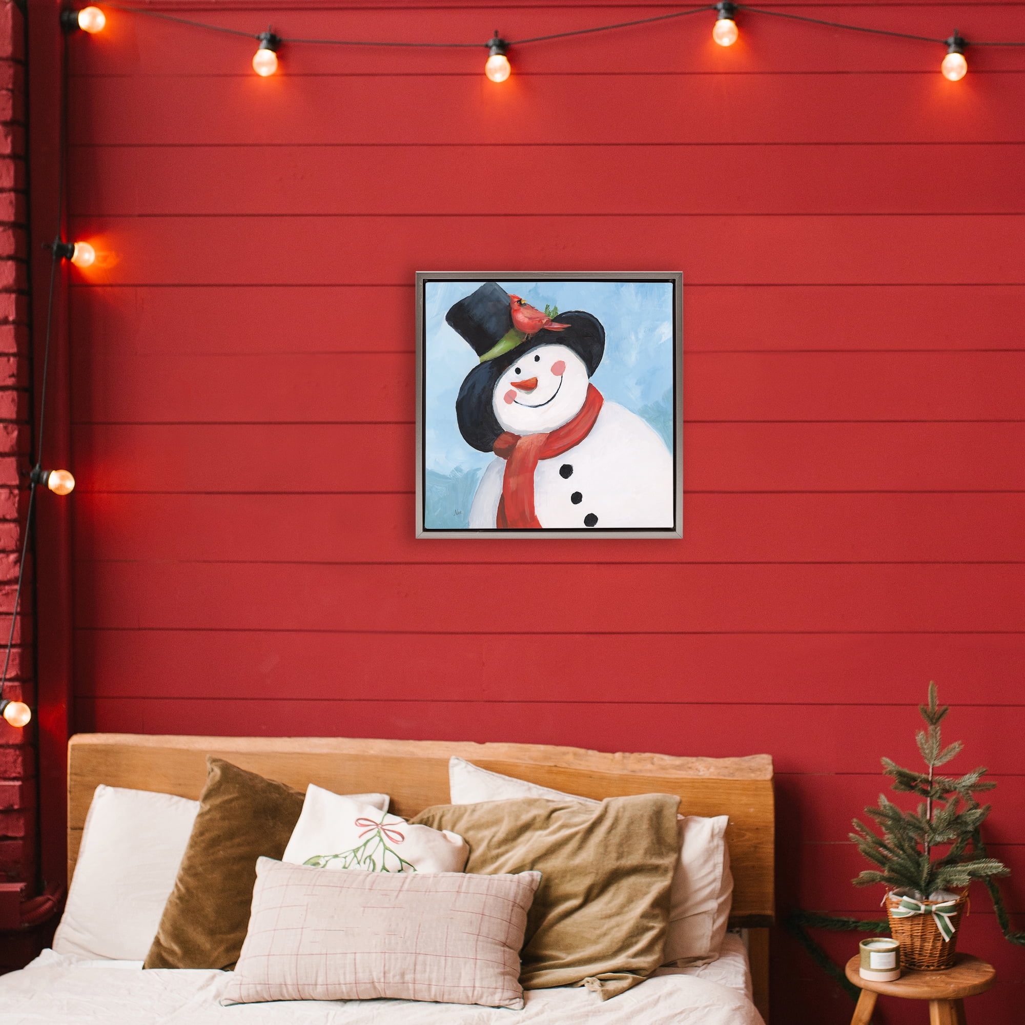 Stupell Industries Cheerful Snowman with Cardinal Gray Framed Floater Canvas Wall Art, design by Nan
