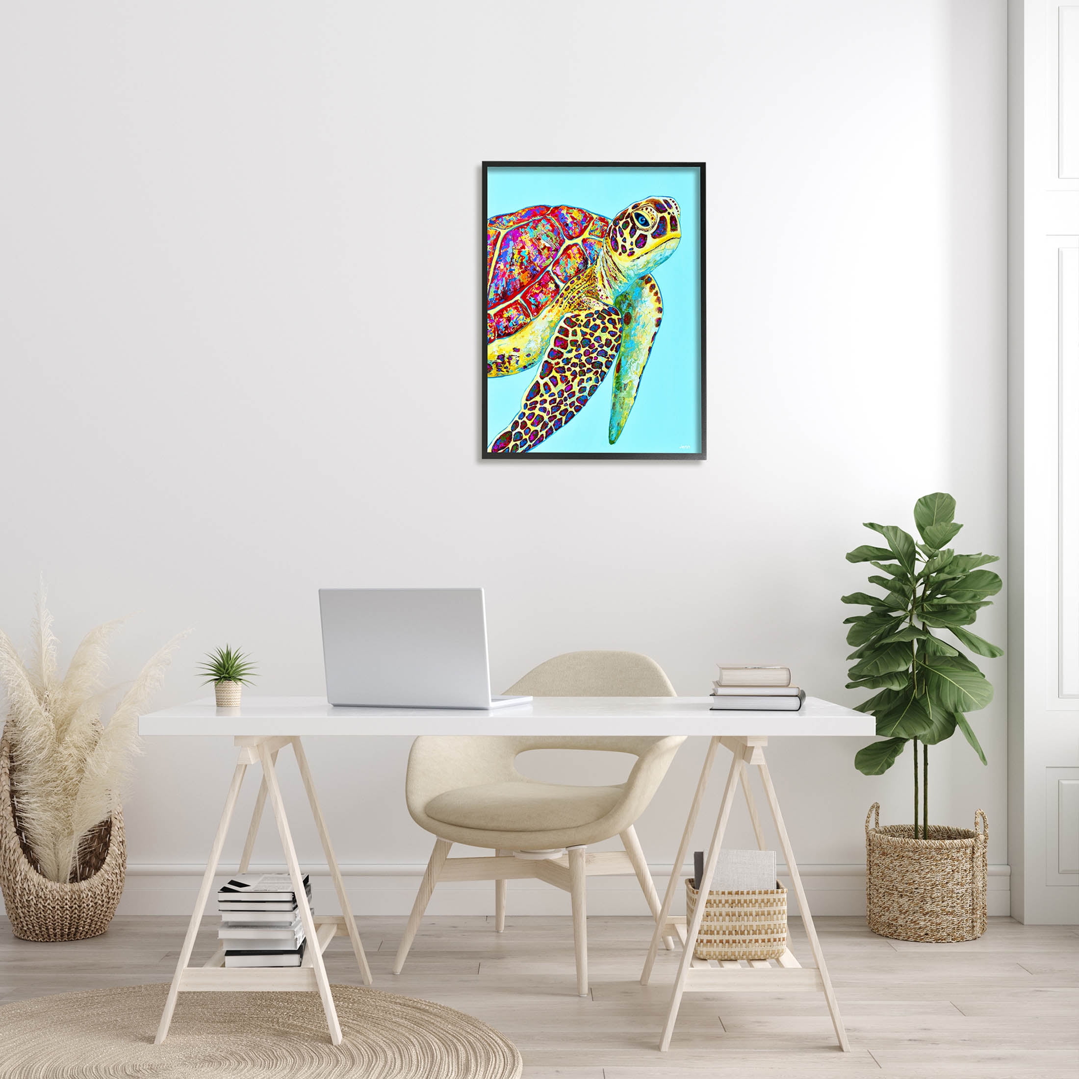 Swimming Sea Turtle Turquoise Accent Animals & Insects Graphic Art Black Framed Art Print Wall Art
