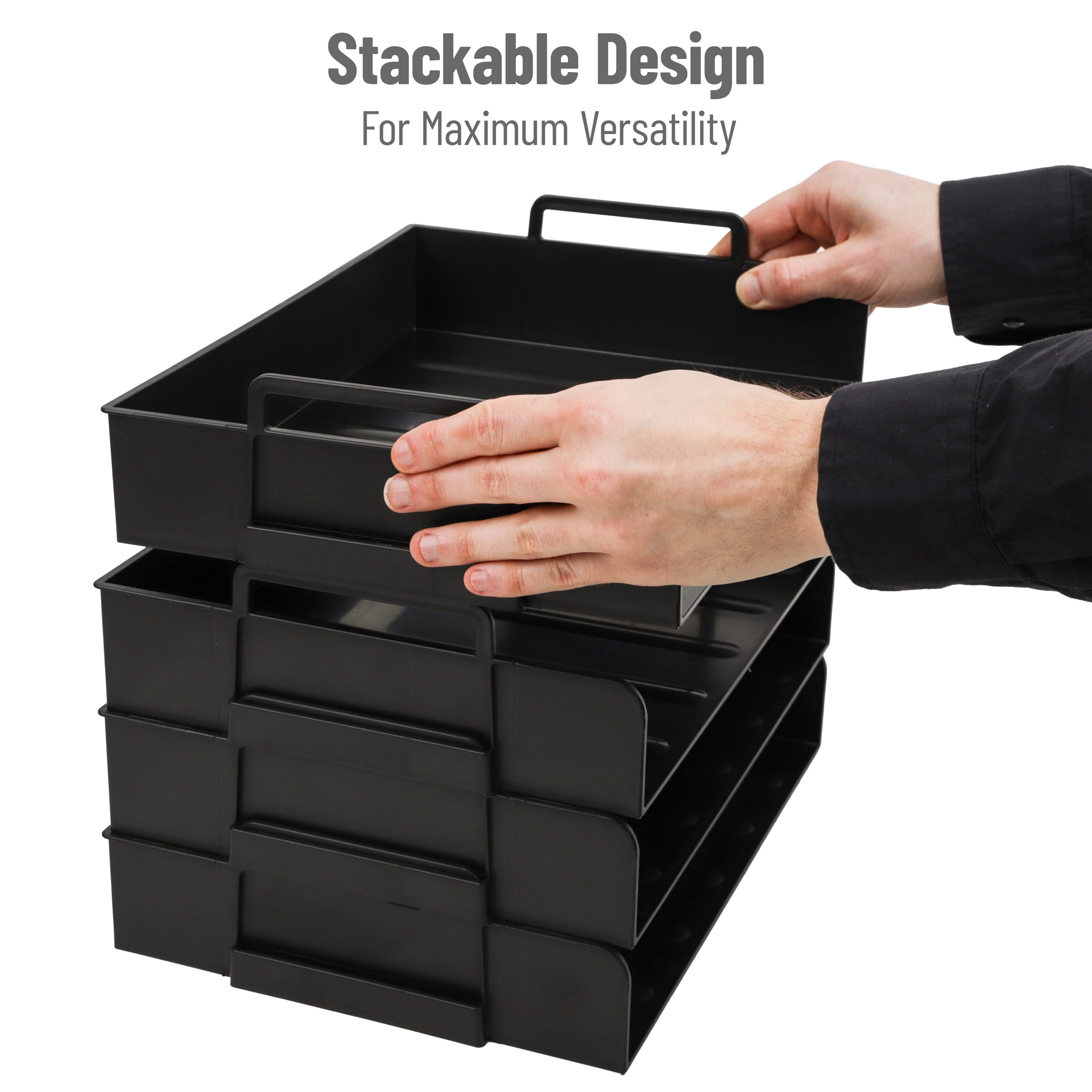 Mind Reader Stackable Paper Tray, Desktop Organizer, File Storage, Office, Plastic, 13.75"L x 10"W x 10.75"H, 4 Pcs., Black