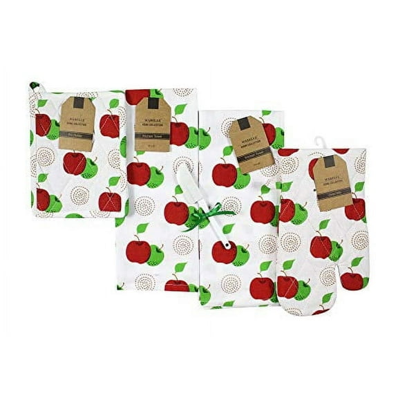 Serafina Home Harvest Apple Kitchen Towels and Pot Holders: Colorful Printed Apples on Flat Cotton Weave