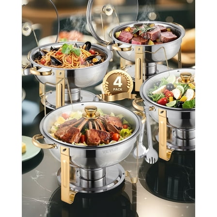 VEVOR Chafing Dish Buffet Set, 5 Qt 4 Pack, Stainless Steel Chafer with 4 Full Size Pan, Round Catering Warmer Server with Glass Lid Water Pan Folding Stand Fuel Holder,for Wedding Party Banquet,Gold