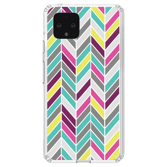 DistinctInk Clear Shockproof Hybrid Case for Google Pixel 4 XL (6.3" Screen) - TPU Bumper, Acrylic Back, Tempered Glass Screen Protector - Pink Purple Teal Herringbone