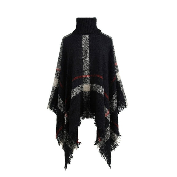 Rohuuque Women's Turtleneck Poncho Sweater Fringe Knit Cape Poncho Boho Knit Cape Pullover Shawl Wrap Dress Ponchos Tassels Black