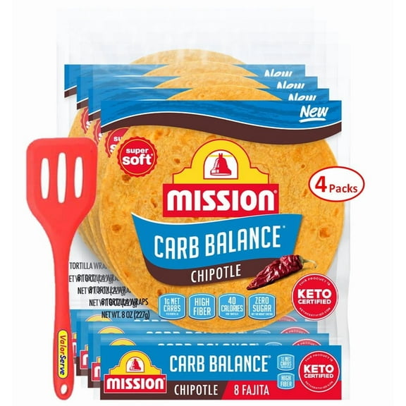 Mission Tortillas Carb Balance Chipotle Fajita Tortilla 4 Pack with ValorServe™ Mini Kitchen Utensil - 6" Fajita Size - 8 oz. - 8 count - 1g Net Carbs - 32 Keto Friendly Low Carb Tortillas