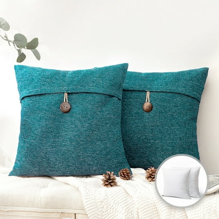 Phantoscope Single Button Series Cotton Blend Decorative Throw Pillow, 22" x 22", Lake Blue, 2 Pack