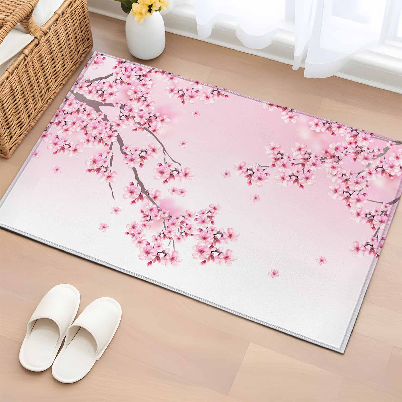 Entrance Runner Rug 2'x3', Cherry Blossom Non-slip Doormat for Indoor Outdoor Entrance, Gradient Tree Pink Flower Plant Washable Throw Floor Mat for Front Door/Living Room/Bedroom/Bathroom/Kitchen