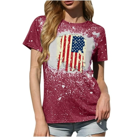 

Women American Flag Print Tee 4th of July Patriotic Shirt USA Flag Stars Stripes Print Casual Short Sleeve Blouse Tops