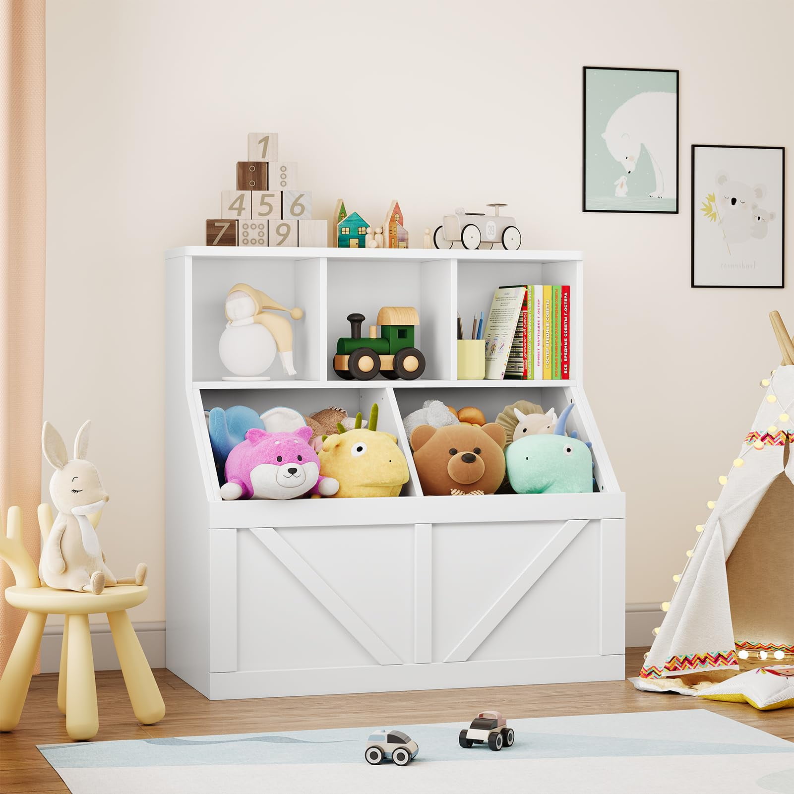 TROPOW Kids Bookshelf and Toy Storage,Kids Toy Storage Organizer,Toy Storage Cabinet with Toy Shelf,Toddler Bookshelf Toy Organizer and Storage Bins for Playroom,Bedroom,Nursery,Classroom,Daycare