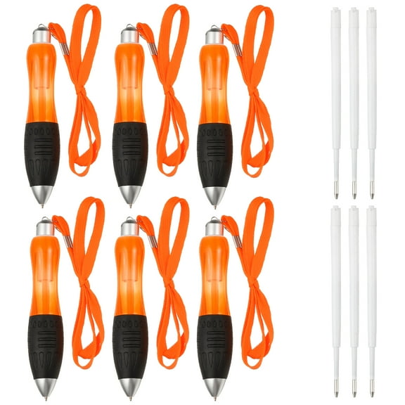6 Pcs Uxcell Big Fat Pens, Orange Heavy Weighted Ballpoint Pen Retractable Wide Grip Thick Pen with Strap for Hand Tremors Elderly Handicap(6 Blue Refills)