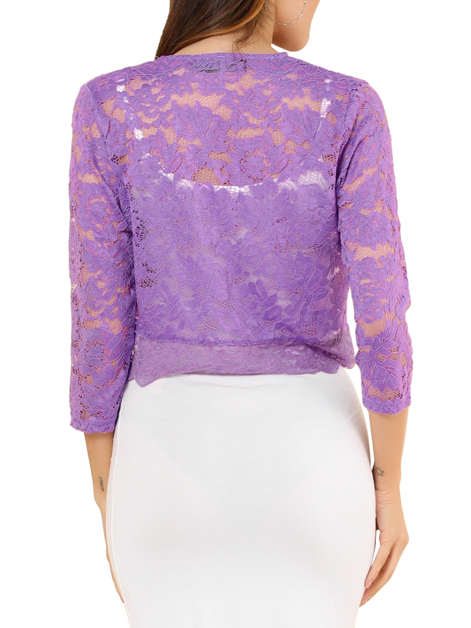 DARING DIVA 3/4 Sleeve Sheer Floral Lace Shrug Top M Purple