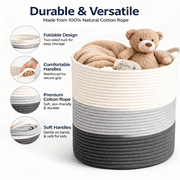 Orino 18x16 Extra Large Storage Baskets with Handle-Cotton Rope Laundry Basket-Toy Storage Organizer-Soft Baby Kid Nursery Hamper Organizer-Tall Woven Basket Toy Storage Bin(Black+Grey+Beige)
