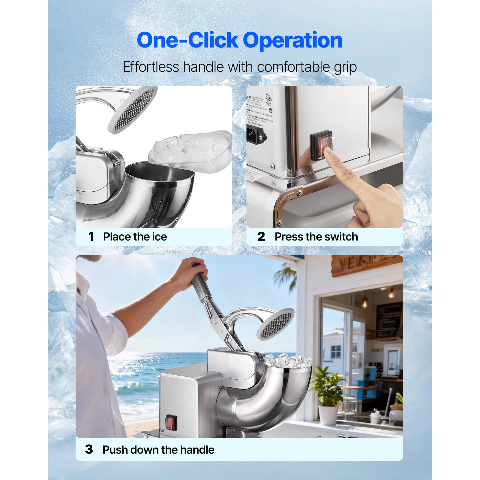 KFFKFF Commercial Ice Shaver Machine, 661 LBS/H Electric Ice Crusher with Detachable Container, 350W Motor, 4 Blades, Shaved Ice Maker for Desserts, Bars, and Parties, Silver