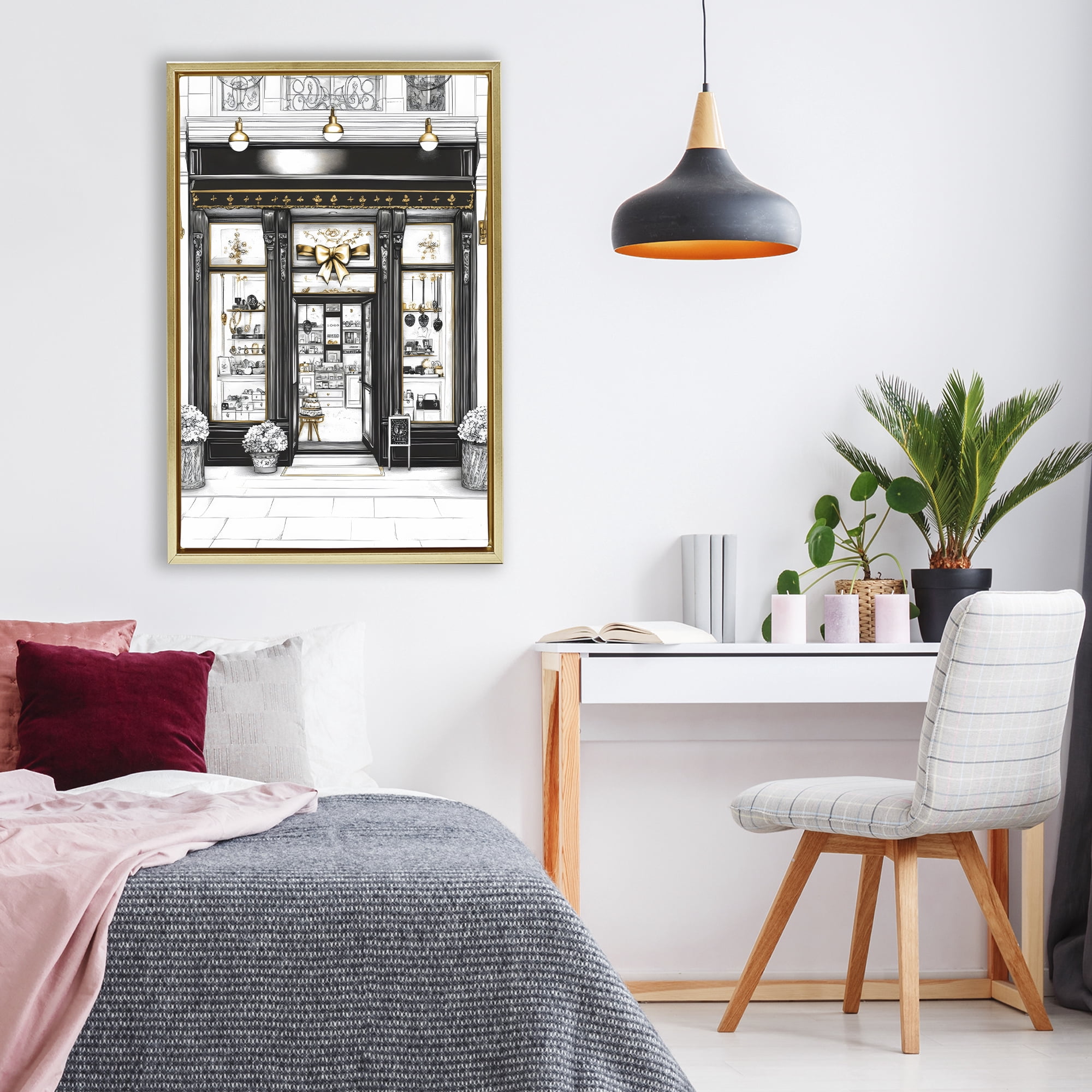 Stupell Industries Glam Paris Shop Facade Gold Framed Floater Canvas Wall Art, design by Petal Prints Design