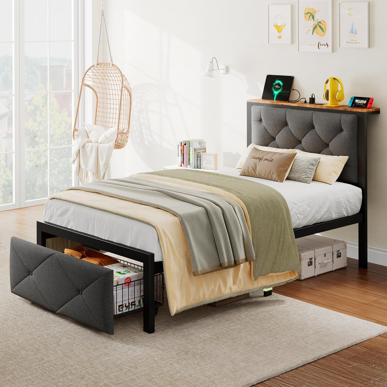 iPormis Twin Bed Frame with Storage Drawers, Linen Upholstered Headboard Platform Bed with Charging Station, No Box Spring Needed, Metal Slats Support, Noise-Free, Easy Assembly, Grey