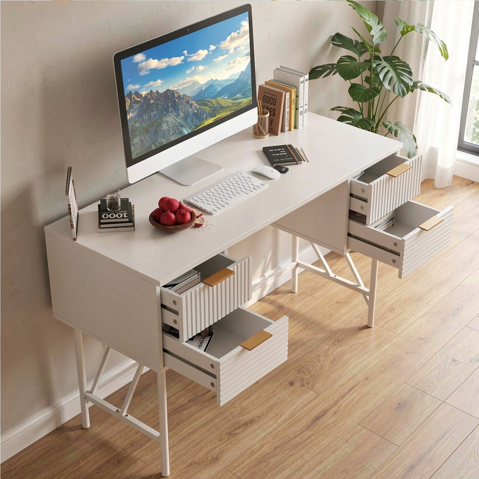 Furnibear 48 Inch Home Office Computer Desk with 4 Storage Drawers Powder-Coated Metal Frame Engineered Wood Top White