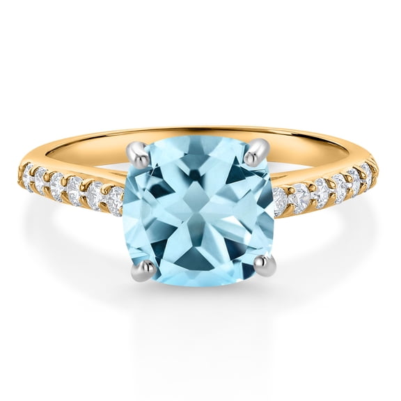 Gem Stone King 10K Yellow Gold 8MM Cushion Cut Sky Blue Topaz and White Lab Grown Diamond Engagement Ring for Women (2.98 Cttw, Gemstone November Birthstone, Size 6)