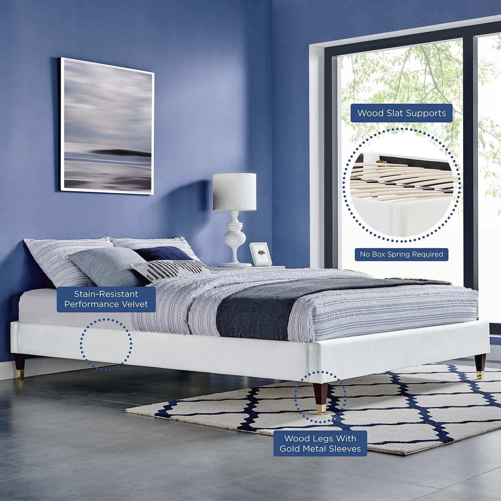 Platform Bed Frame, King Size, Velvet, White, Modern Contemporary Urban Design, Bedroom Master Guest Suite
