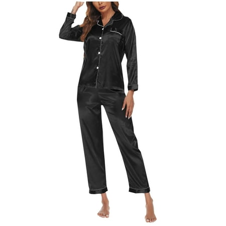

gakvov Plus Size Silk Satin Pajamas For Womens 2-Piece Sleepwear Suit Long Sleeve Pants Loungewear Button-Down Pajamas Sets Homewear