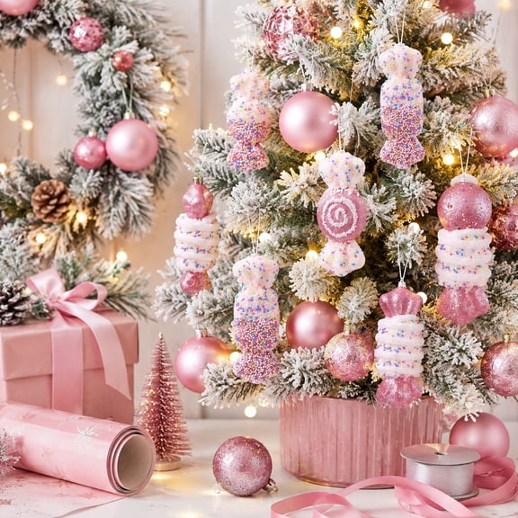 Foam Candy Ornaments, Set of Holiday Hanging Decorations with Glitter Sprinkle Surface, Sweet Wrapped Designs for Christmas Tree