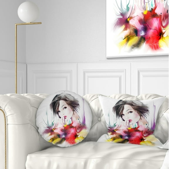 Designart Beautiful Woman with Black Hair - Abstract Portrait Throw Pillow - 12x20