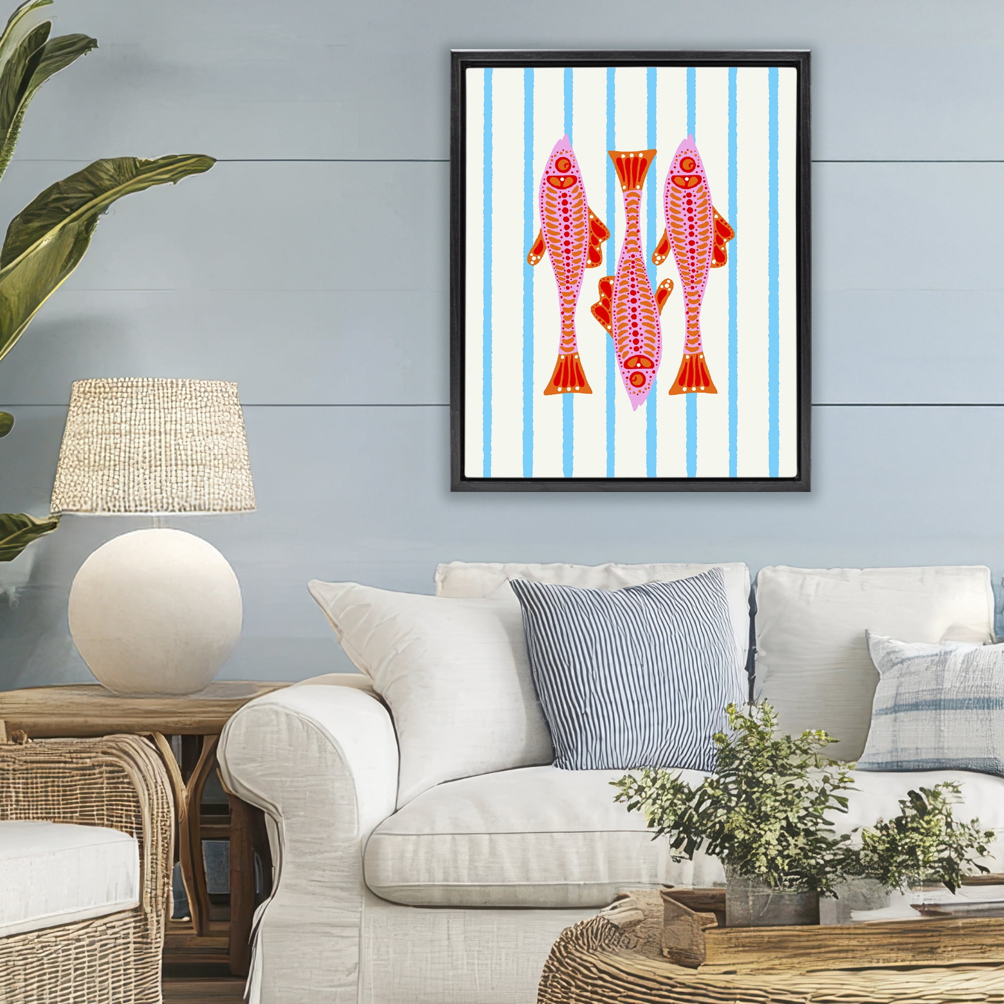 Stupell Industries Bright Aquatic Fish on Stripes Black Framed Floater Canvas Wall Art, design by Indira Prieto | IndySign