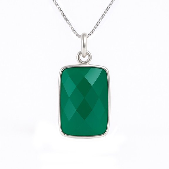 SATYAVIE JEWELLERY 925 Sterling Silver Pendant Necklace for Women, Cushion Cut Green Onyx Gemstone Pendant, Silver Lightweight pendant, Daily Wear Pendant Neckalce, 18" Cuban Link Chain
