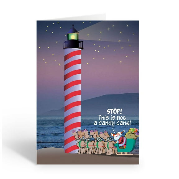 Cute and Funny Candy Cane Lighthouse Holiday Card - 12 Cards with Envelopes - Ch